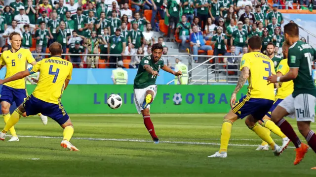 Carlos Vela shoots against Sweden