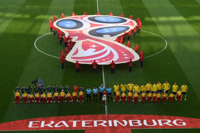 The teams line up prior to the Russia 2018 World Cup Group F football match between Mexico and Sweden