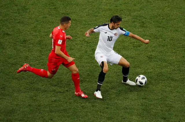 Costa Rica"s Bryan Ruiz in action with Switzerland"s Granit Xhaka