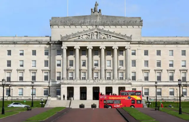 A tourist bus at Stormont's Parliament Buildings