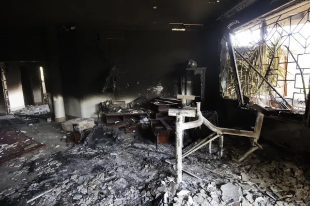 A picture shows the interior of the burnt US consulate building in the eastern Libyan city of Benghazi on September 13, 2012 following an attack on the building late on September 11 in which the US ambassador to Libya and three other US nationals were killed