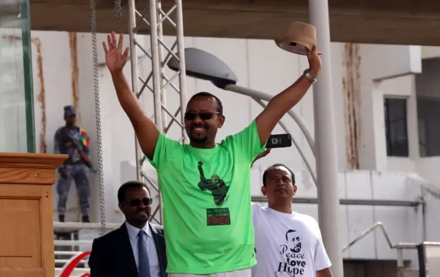 Ethiopian Prime Minister Abiy Ahmed greets the crowd during a demonstration in support of Abiy Ahmed at Meskel Square in Addis Ababa, Ethiopia on June 23, 2018