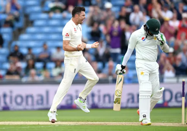 James Anderson celebrates dismissing Azhar Ali