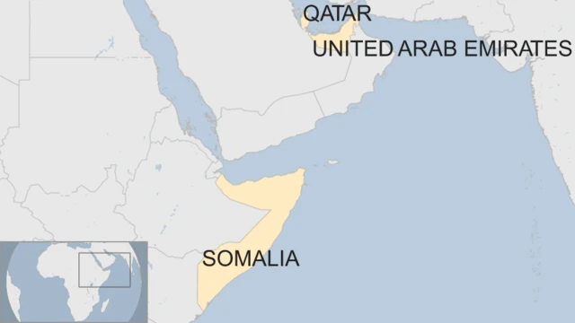 A map showing Somalia, Qatar and UAE.