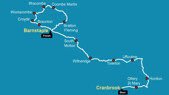 Map of Devon stage of the Tour of Britain