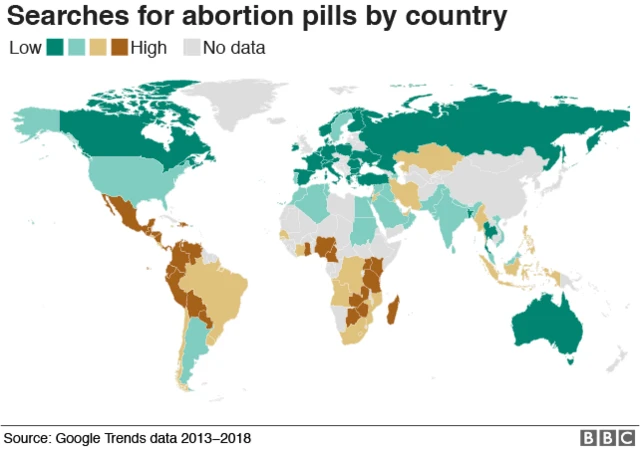 A map showing where women are searching for abortion pills