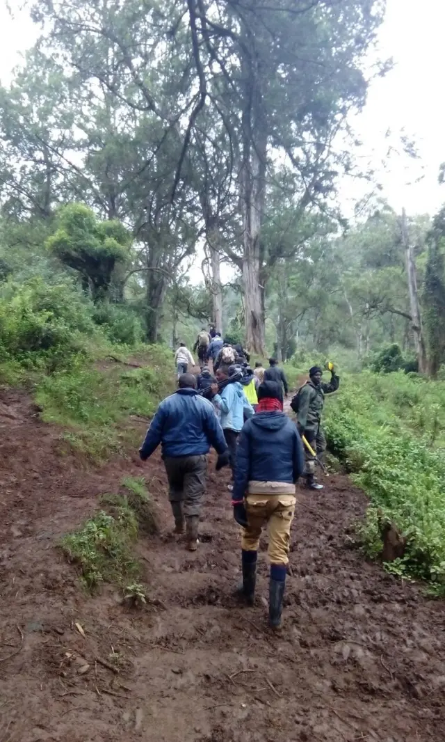 Rescue workers walking up the Abedare mountains, Kenya