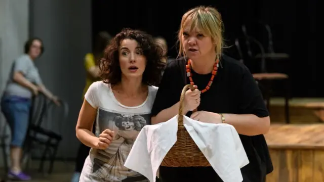 Paula Greenwood (Prid) and Madeleine Shaw (Lady Rhondda) during rehearsal