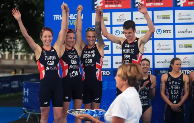 Team Great Britain's (from left to right) Non Stanford, Vicky Holland, Thomas Bishop and Jonathan Brownlee