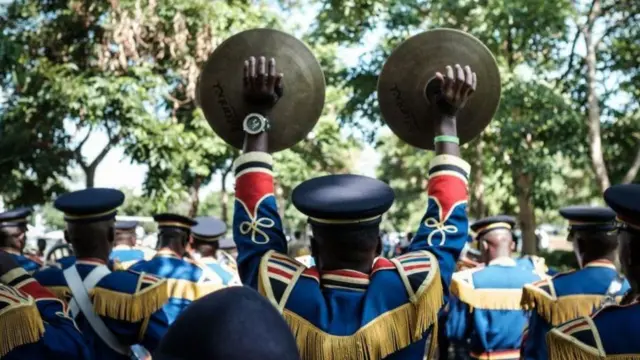 Kenyan police band parades in Kisumu for Madaraka day celebrations - the annual commemoration of Kenya's passage to self-rule.