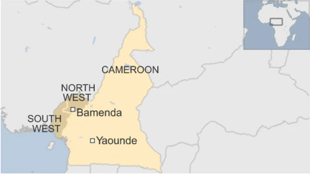 A map of Cameroon showing the two Anglophone regions