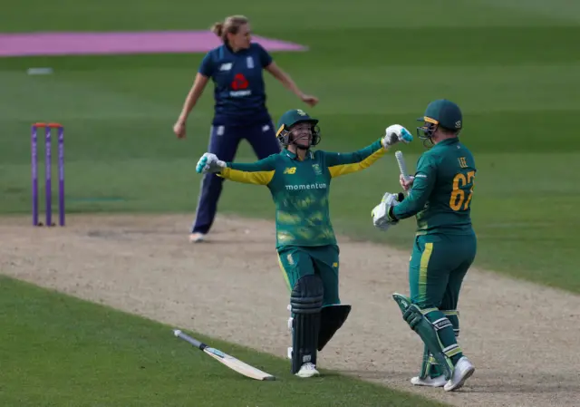 South Africa celebrate winning the match