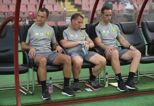 Celtic assistant manager Chris Davies, manager Brendan Rodgers and coach John Kennedy in the dugout