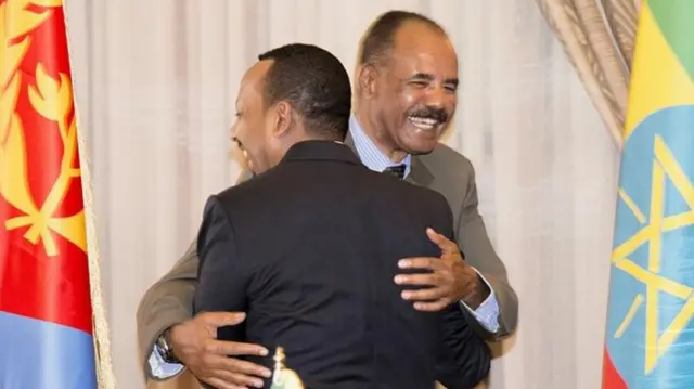 Ethiopia's Prime Minister Abiy Ahmed and Eritrean President Isaias Afwerk embrace at the declaration signing in Asmara, Eritrea - 9July 2018