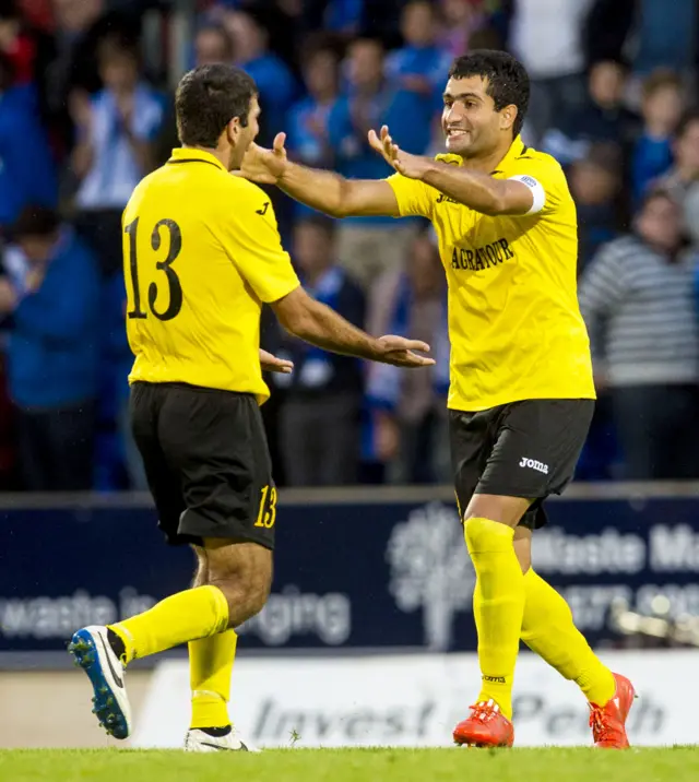 Alashkert Gevorg Poghosyan and Vaghan Minasyan celebrate against St Johnstone