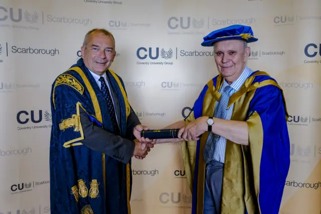 Sir Alan Ayckbourn with Professor Craig Gaskell, Associate Pro-Vice-Chancellor of CU Scarborough, at the Scarborough Spa for the graduation ceremony.