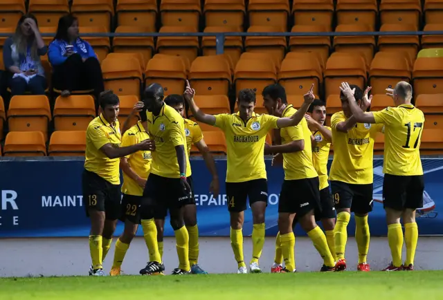 Alashkert players celebrate a goal against St Johnstone in the Europa League qualifiers of 2015