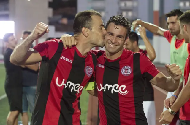 Lincoln Red Imps' Roy Chipolina and Lee Casciaro celebrate against Celtic