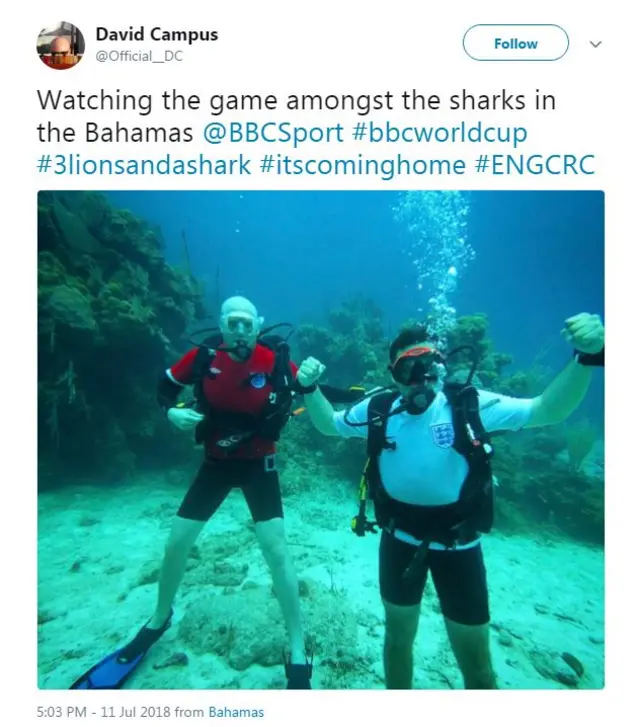 England fan tweets from the ocean