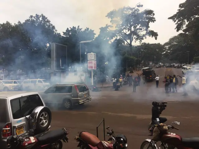 Clouds of tear gas in the air in Kampala