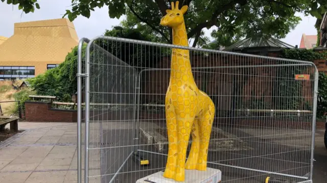 The fenced off Hive Mind giraffe sculpture