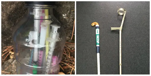 Syringes, hockey stick and crutch