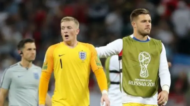 England goalkeeper Jordan Pickford and goalkeeper Jack Butland look dejected after England lose