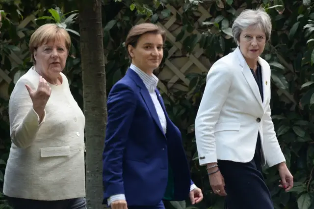 German Chancellor Angela Merkel, Serbia's Prime Minister Ana Brnabic and Prime Minister Theresa May