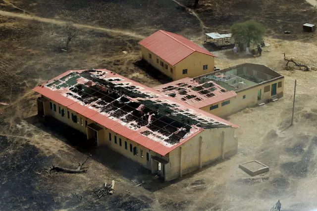 his picture taken on March 5, 2015 shows an arial view of the burnt-out classrooms of a school in Chibok,in Northeastern Nigeria