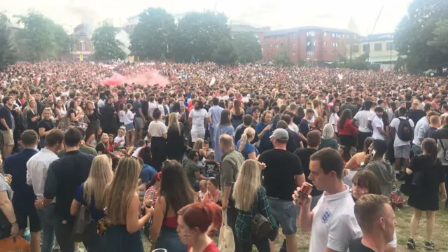 Fans on Devonshire Green where a flare was lit