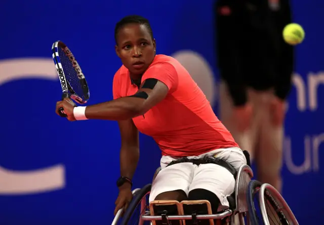 Kgothatso Montjane of South Africa in action during her match against Lucy Shuker of Great Britain on day 2 of The NEC Wheelchair Tennis Masters at Loughborough University on November 30, 2017 in Loughborough, England