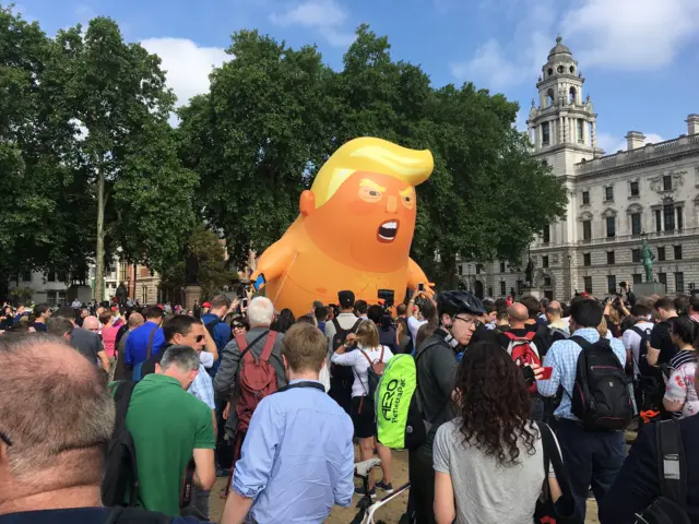 The balloon depicting President Trump as an angry, orange baby, is now being flown in Parliament Square