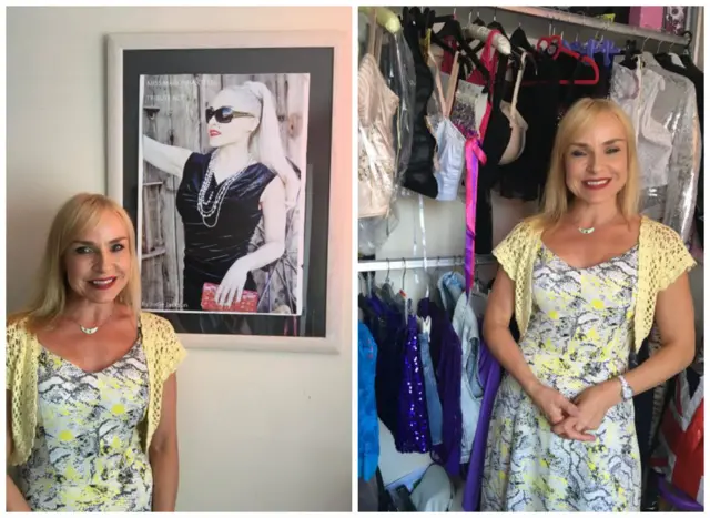 Jodie with her wardrobe of Madonna clothes and a picture of her as Madonna.