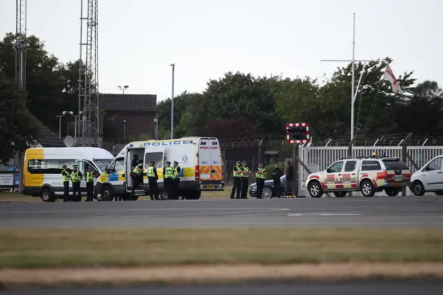 Police at Prestwick airport in Ayrshire ahead of the arrival of US President Donald Trump en route for Turnberry,