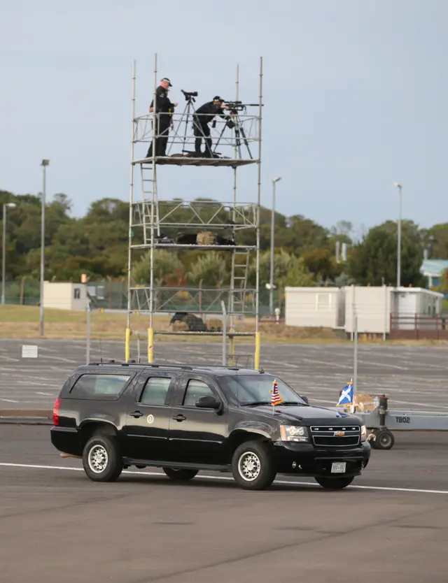 A vehicle from the presidential motorcade at Prestwick airport in Ayrshire ahead of the arrival of US President Donald Trump.