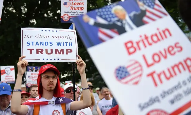 Pro-Trump supporters demonstrate outside the US Embassy in support of US President Donald J. Trump"s visit to the UK,