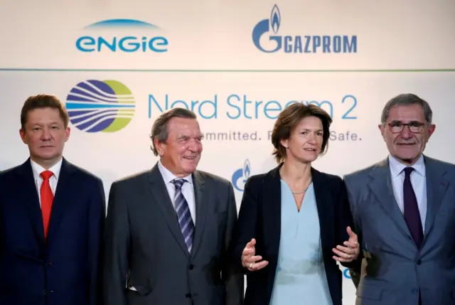 Gazprom chief Alexei Miller with former German Chancellor Gerhard Schroeder, Isabelle Kocher, Chief Executive Officer of French gas and power group Engie, and Gerard Mestrallet, Engie's former CEO, now non-executive Chairman.