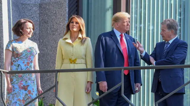 President of Finland Sauli Niinisto (R) and his wife Jenni Haukio (L) with US President Donald J. Trump (2-R) and US First Lady Melania Trump (2-L) at the president"s official residence in Mantyniemi, in Helsinki, Finland, 16 July 2018.