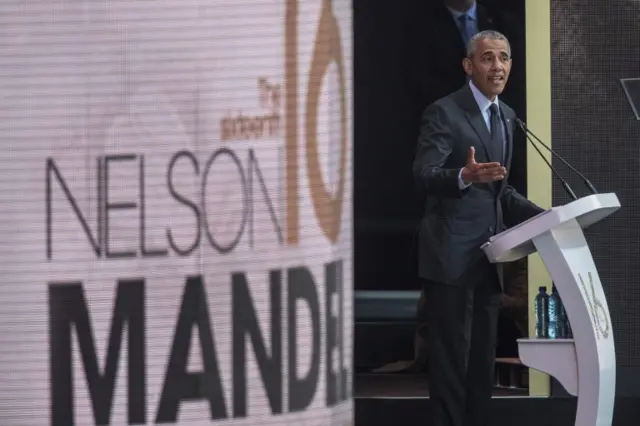 Barack Obama speaks during the 2018 Nelson Mandela Annual Lecture at the Wanderers cricket stadium in Johannesburg on July 17, 2018