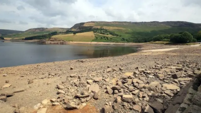 Water levels have fallen at Dove Stone Reservoir on Saddleworth Moor