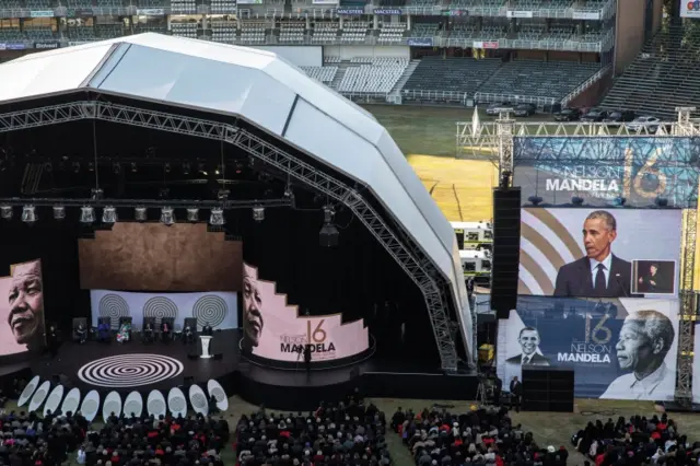 Former US President Barack Obama speaks during the 2018 Nelson Mandela Annual Lecture at the Wanderers cricket stadium in Johannesburg on July 17, 2018