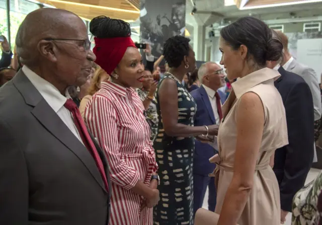 The Duchess of Sussex meets Nelson Mandela"s granddaughter Zamaswazi Dlamini- Mandela during her visit to the Nelson Mandela centenary exhibition at Southbank Centre"s Queen Elizabeth Hall, London