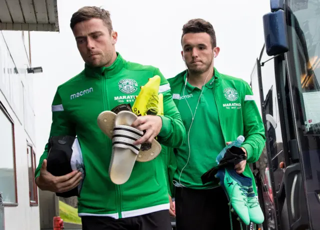 Lewis Stevenson and John McGinn leaving the team bus in Toftir