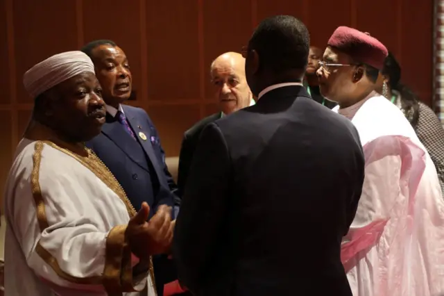 Gabon's President Ali Bongo Ondimba, Republic of the Congo's President Denis Sassou Nguesso, French Foreign Affairs Minister Jean-Yves Le Drian, Niger's President Mahamadou Issoufou and Senegalese President Macky Sall meet as part of the African Union (AU) summit in Nouakchott on July 2, 2018