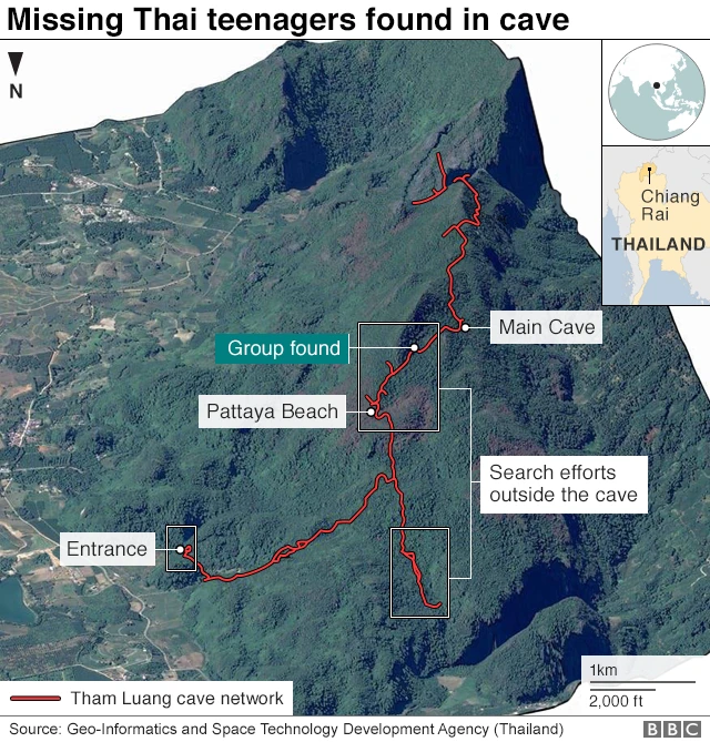 Map showing where Thai boys were found in the Tham Luang cave network