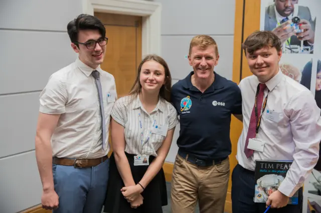 Ron Dearing UTC students Nathan Tennison, Ellie Colclough and Adam Meese with astronaut Major Tim Peake