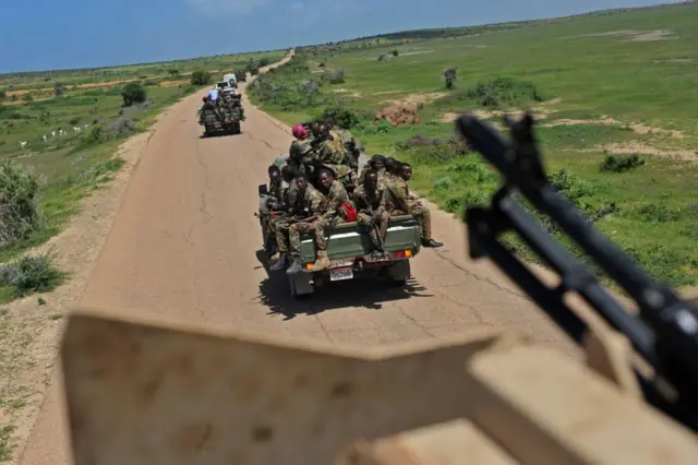 Somali soldiers are seen here on patrol in the country's south, where days earlier al-Shabab militants claimed responsibly for the killing of an American special operations soldier.