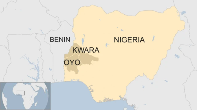 A map showing the location of Kwara and Oyo states in Nigeria