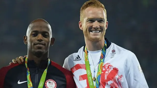 Jeff Henderson, Luvo Manyonga and Greg Rutherford on the podium at the 2016 Olympics