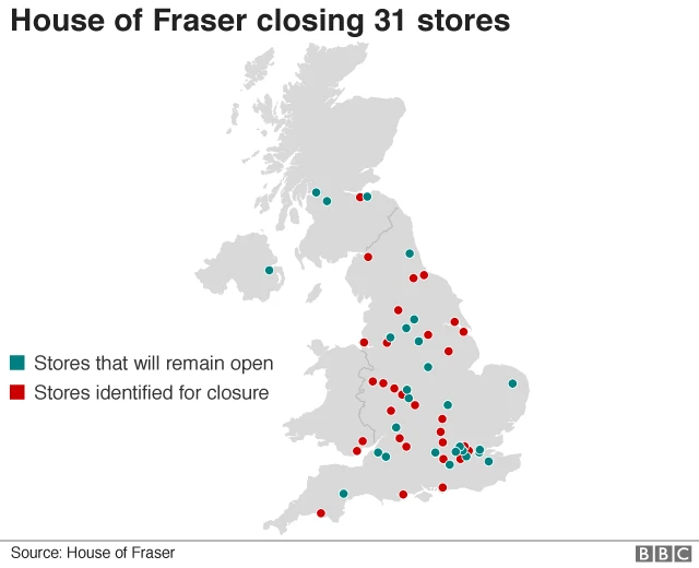 House of Fraser map showing stores that are remaining open as well as closing